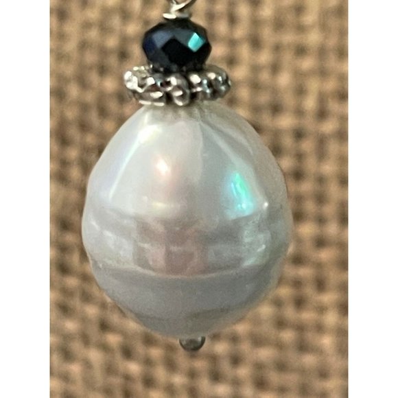 Sterling Silver Dangle Earrings Faux Pearl Blue Glass 1.5" - Picture 2 of 3